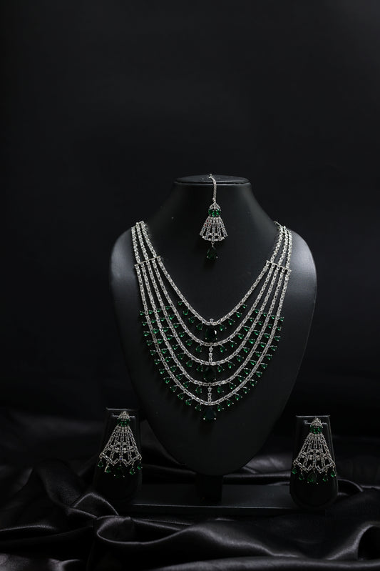 Layered Diamonds - Emeralds Bridal Necklace Set With Mangtika