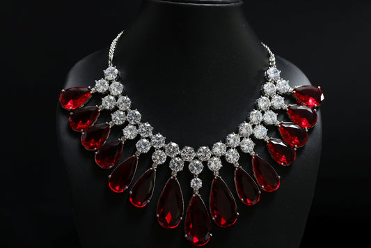 Sparkling Ruby Statement Tear Drop with Diamond Cluster Necklace Set