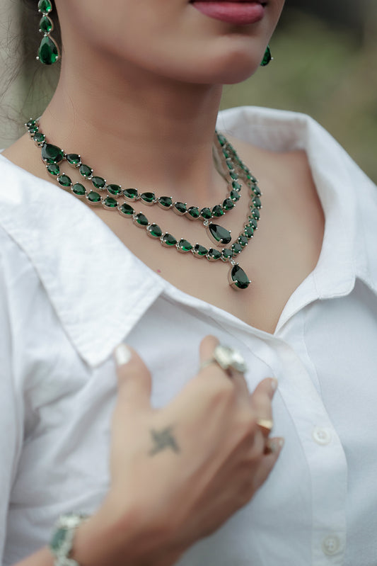 Elegant Green Emerald Cascading Necklace Set