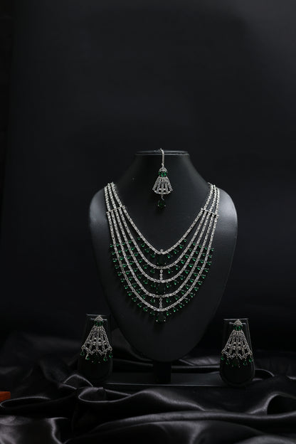 Layered Diamonds - Emeralds Bridal Necklace Set With Mangtika