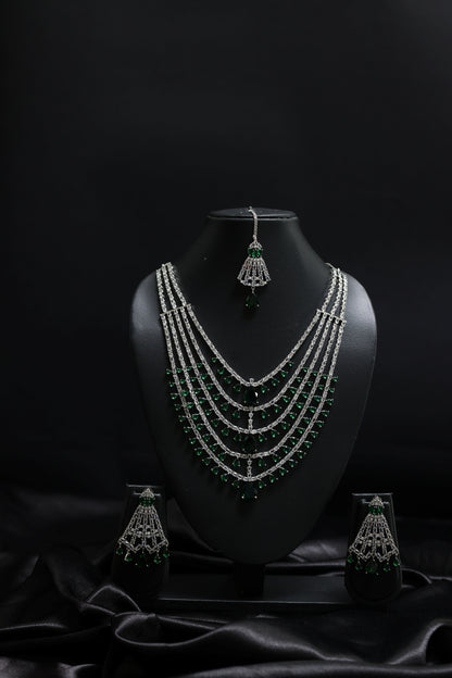 Layered Diamonds - Emeralds Bridal Necklace Set With Mangtika