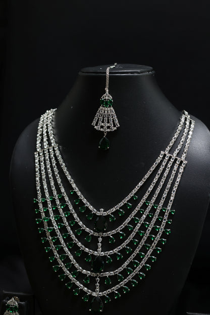 Layered Diamonds - Emeralds Bridal Necklace Set With Mangtika