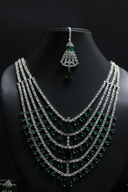 Layered Diamonds - Emeralds Bridal Necklace Set With Mangtika