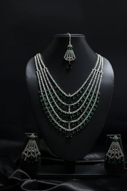 Layered Diamonds - Emeralds Bridal Necklace Set With Mangtika
