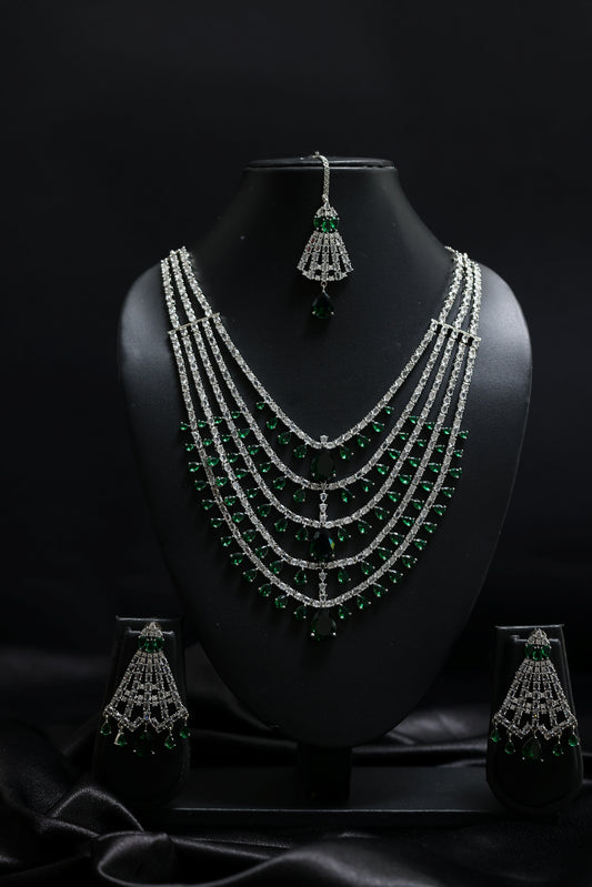 Layered Diamonds - Emeralds Bridal Necklace Set With Mangtika