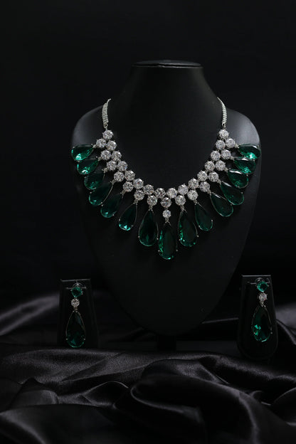 Sparkling Emerald Statement Tear Drop with Diamond Cluster Necklace Set
