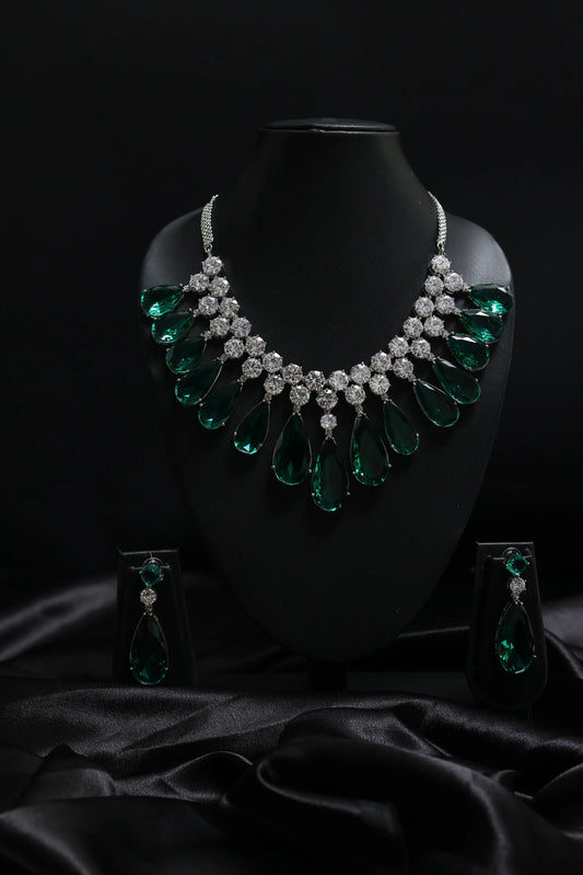 Sparkling Emerald Statement Tear Drop with Diamond Cluster Necklace Set