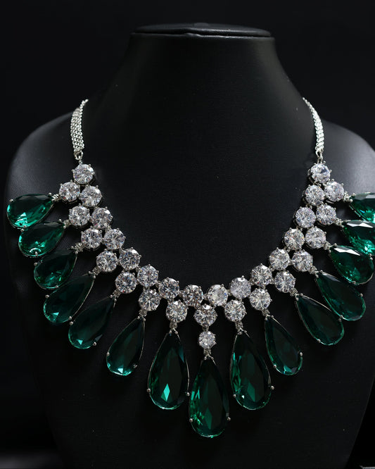 Sparkling Emerald Statement Tear Drop with Diamond Cluster Necklace Set
