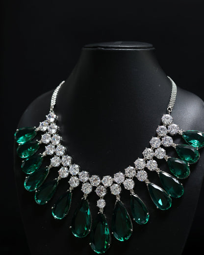 Sparkling Emerald Statement Tear Drop with Diamond Cluster Necklace Set