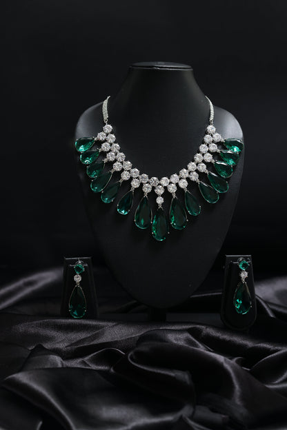 Sparkling Emerald Statement Tear Drop with Diamond Cluster Necklace Set