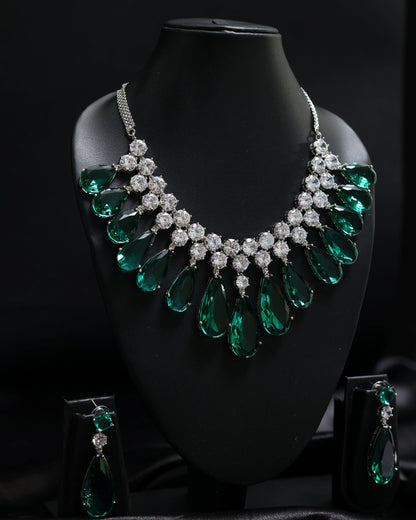 Sparkling Emerald Statement Tear Drop with Diamond Cluster Necklace Set
