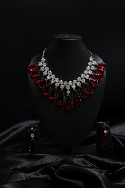 Sparkling Ruby Statement Tear Drop with Diamond Cluster Necklace Set