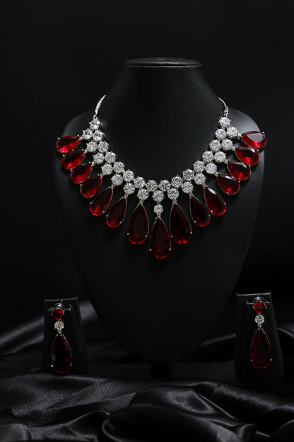 Sparkling Ruby Statement Tear Drop with Diamond Cluster Necklace Set