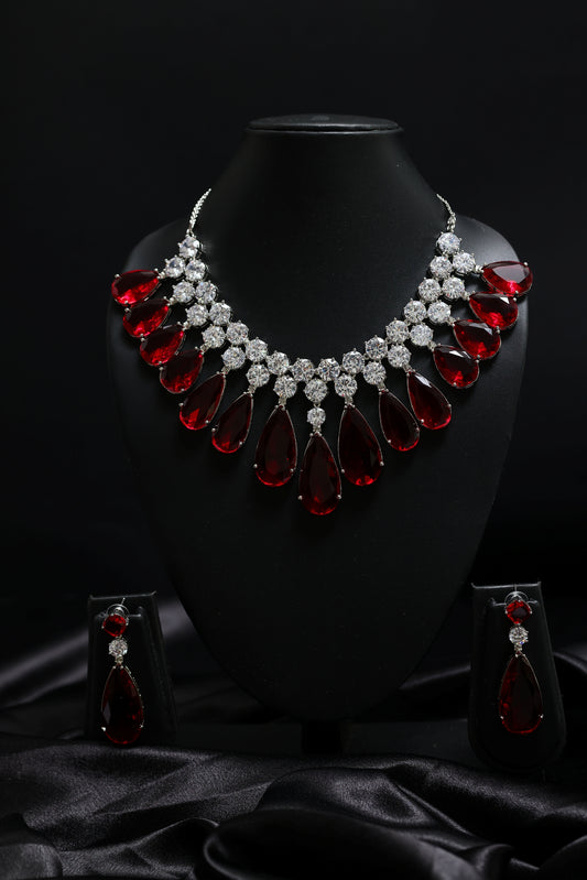 Sparkling Ruby Statement Tear Drop with Diamond Cluster Necklace Set