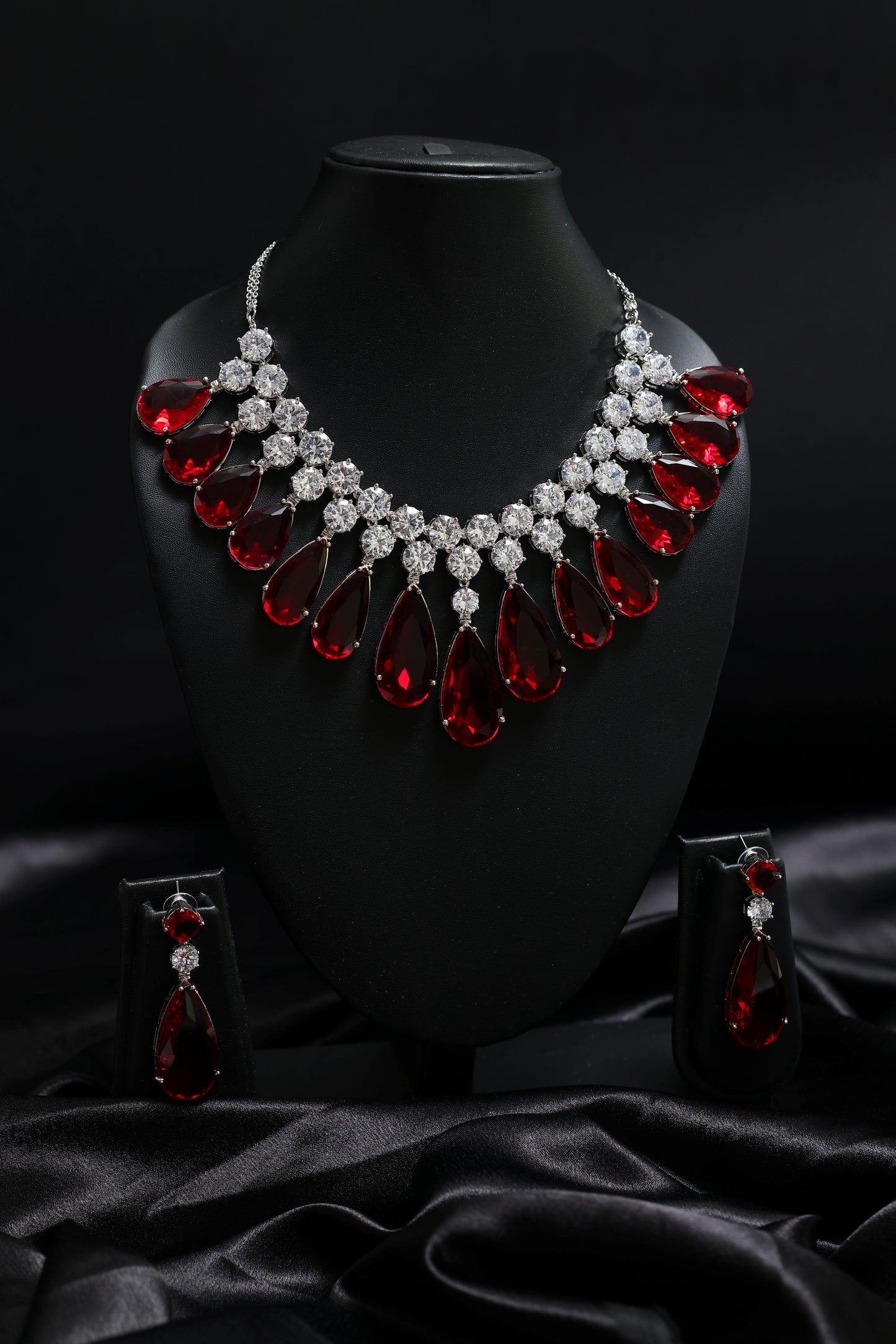 sparkling ruby statement tear drop with diamond cluster necklace set