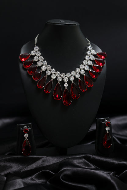 Sparkling Ruby Statement Tear Drop with Diamond Cluster Necklace Set