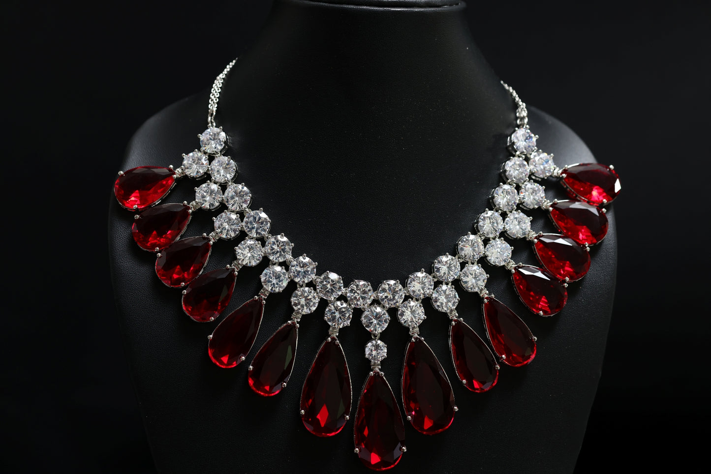 sparkling ruby statement tear drop with diamond cluster necklace set