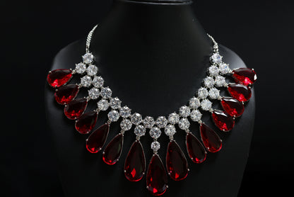 Sparkling Ruby Statement Tear Drop with Diamond Cluster Necklace Set