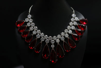 Sparkling Ruby Statement Tear Drop with Diamond Cluster Necklace Set
