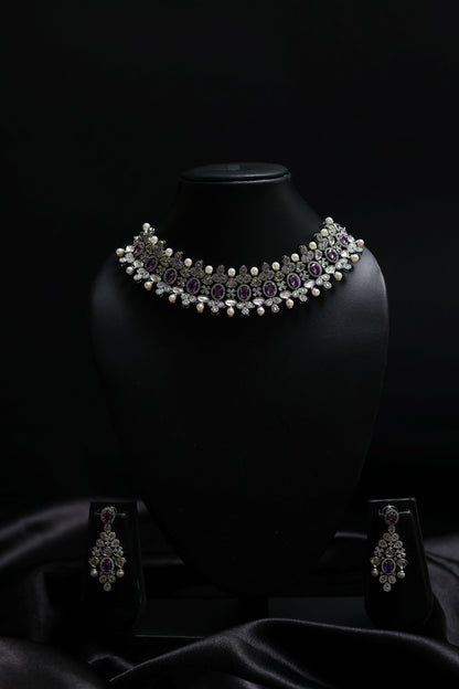 Vintage Choker With Amethyst, Pearls & Diamonds Necklace Set