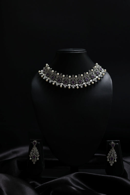 Vintage Choker With Amethyst, Pearls & Diamonds Necklace Set