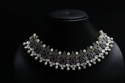 Vintage Choker With Amethyst, Pearls & Diamonds Necklace Set
