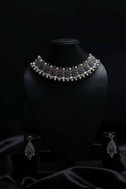 Vintage Choker With Amethyst, Pearls & Diamonds Necklace Set