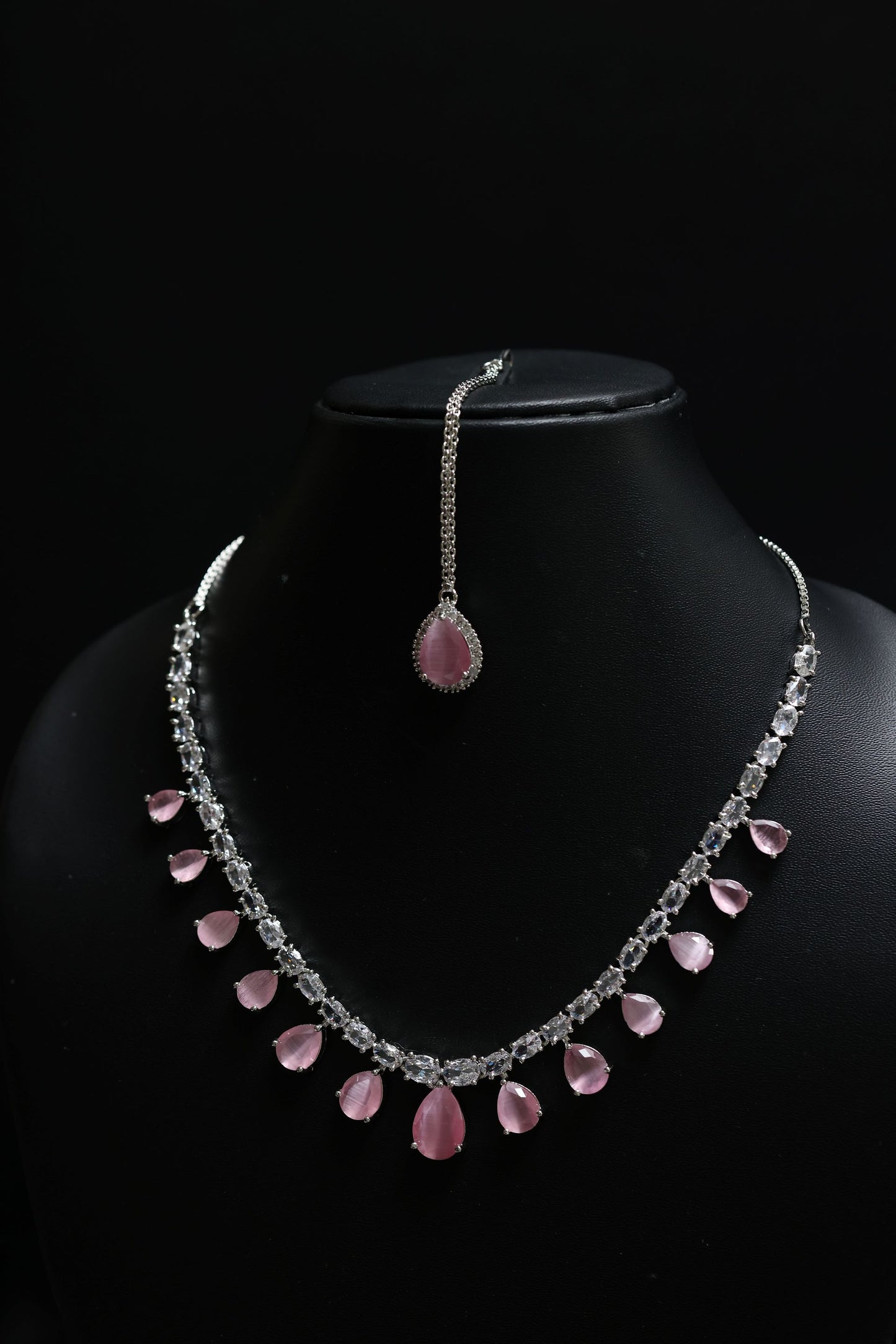 delicate pink pear cut diamond necklace with mang tikka