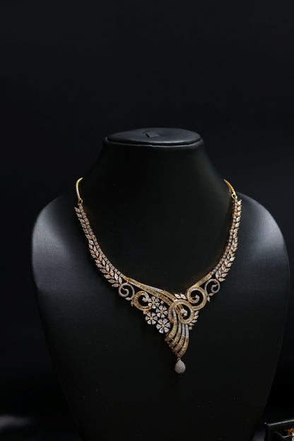 Stunning Golden Bridal Floral - V shaped Neclace Set