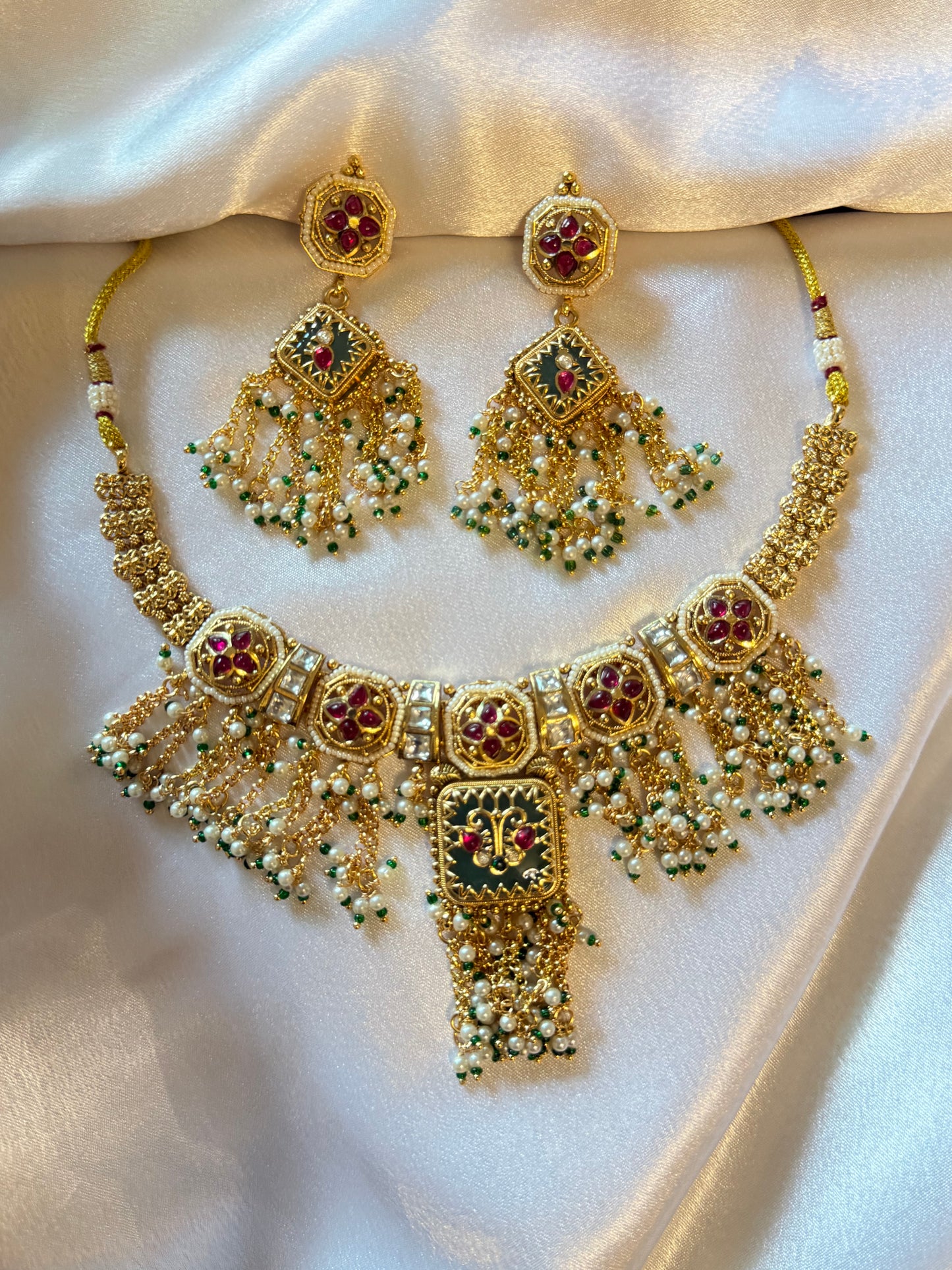 royal kundan meenakari pearl tassel choker necklace set with statement earrings