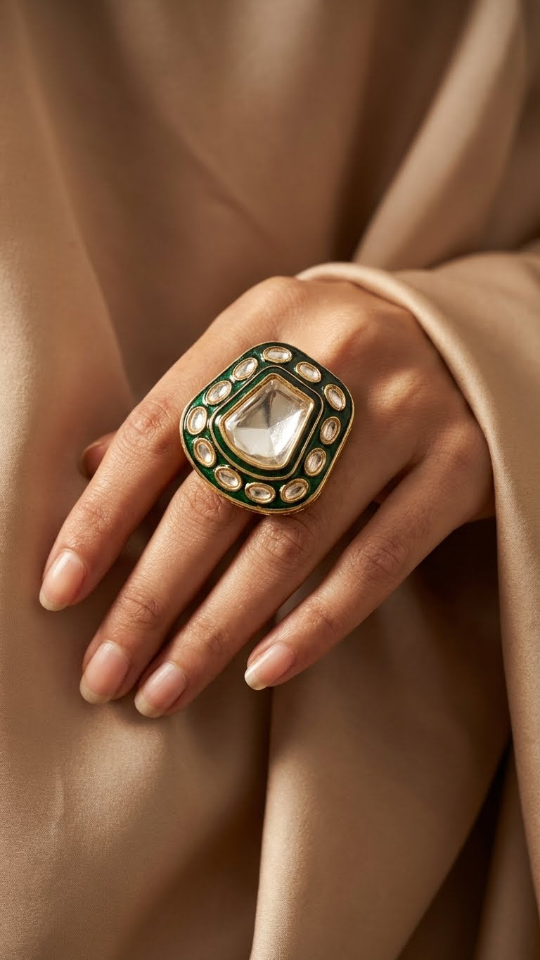 emerald kundan halo statement ring