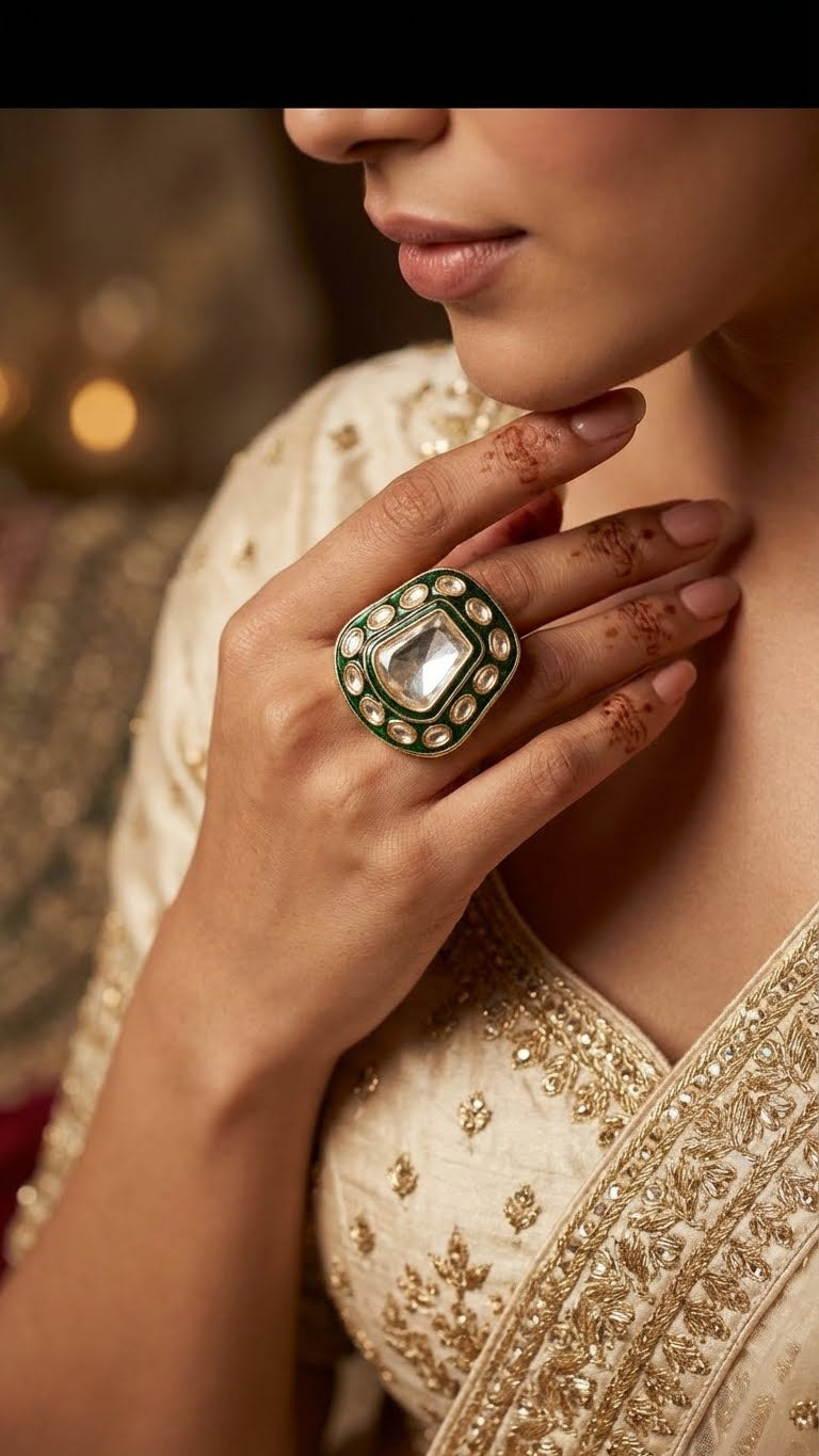emerald kundan halo statement ring