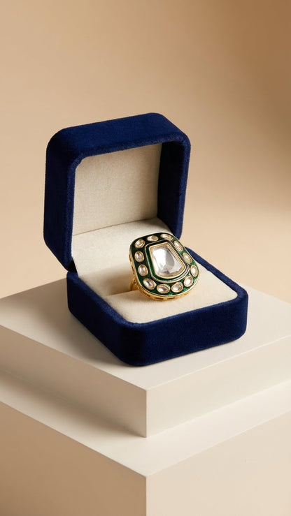 Emerald Kundan Halo Statement Ring