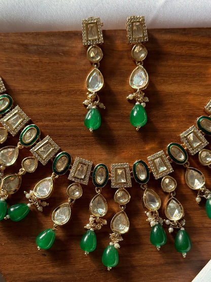 Emerald Kundan Statement Necklace Set with Earrings