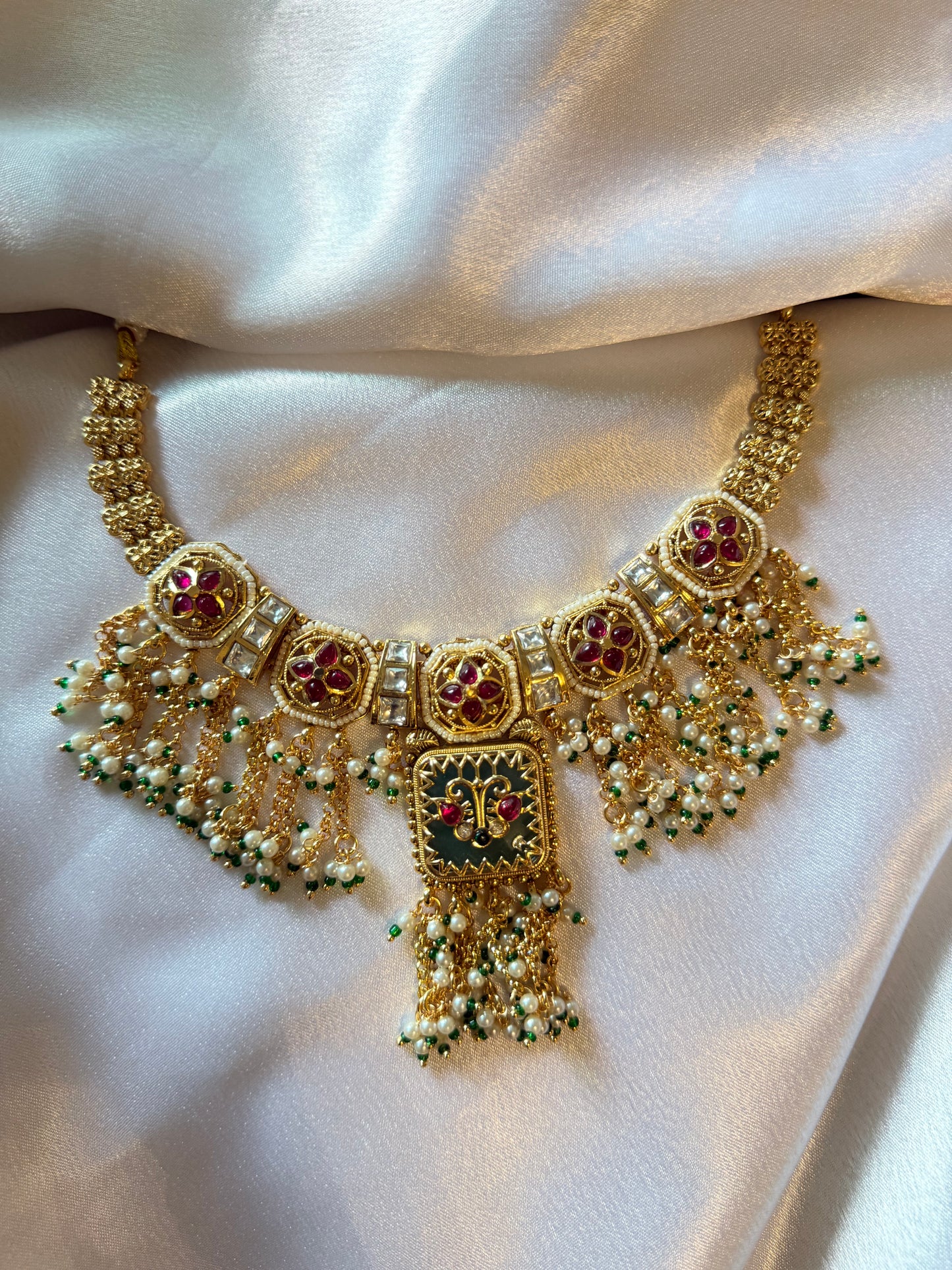 royal kundan meenakari pearl tassel choker necklace set with statement earrings