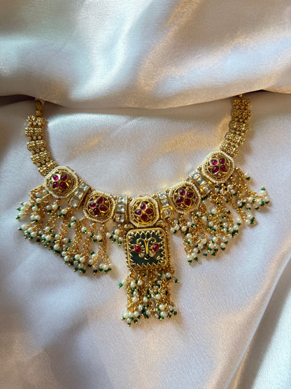 Royal Kundan Meenakari Pearl Tassel Choker Necklace Set with Statement Earrings