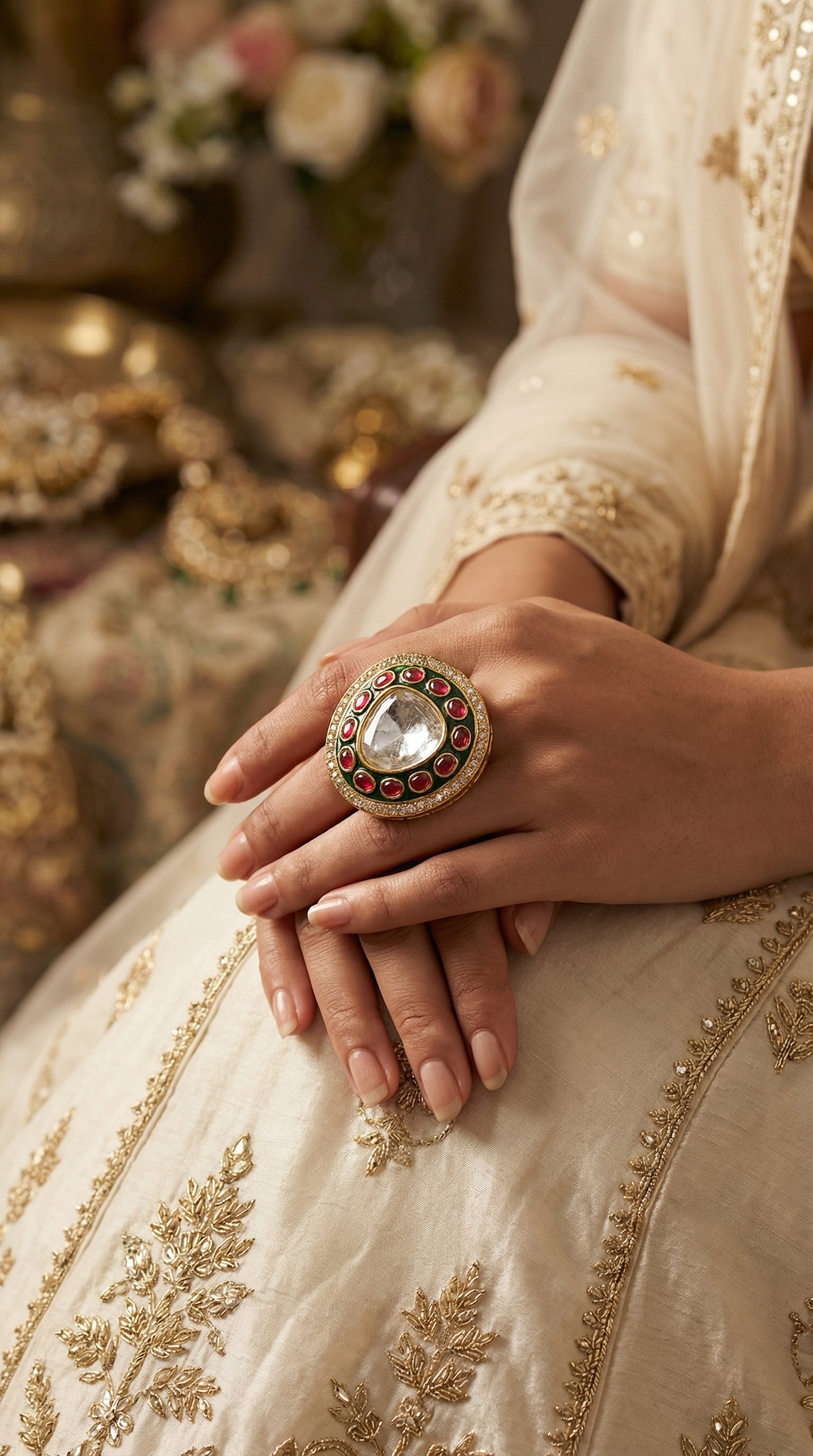 emerald ruby halo kundan statement ring