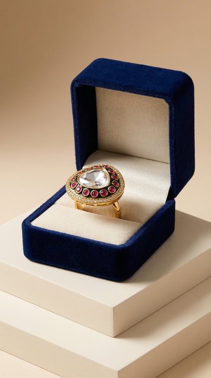 Emerald Ruby Halo Kundan Statement Ring