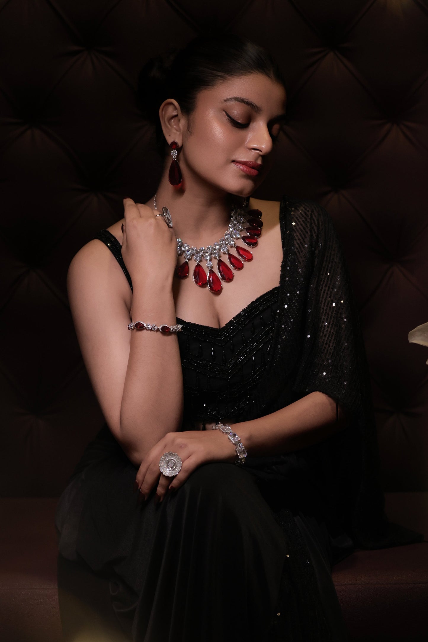 sparkling ruby statement tear drop with diamond cluster necklace set