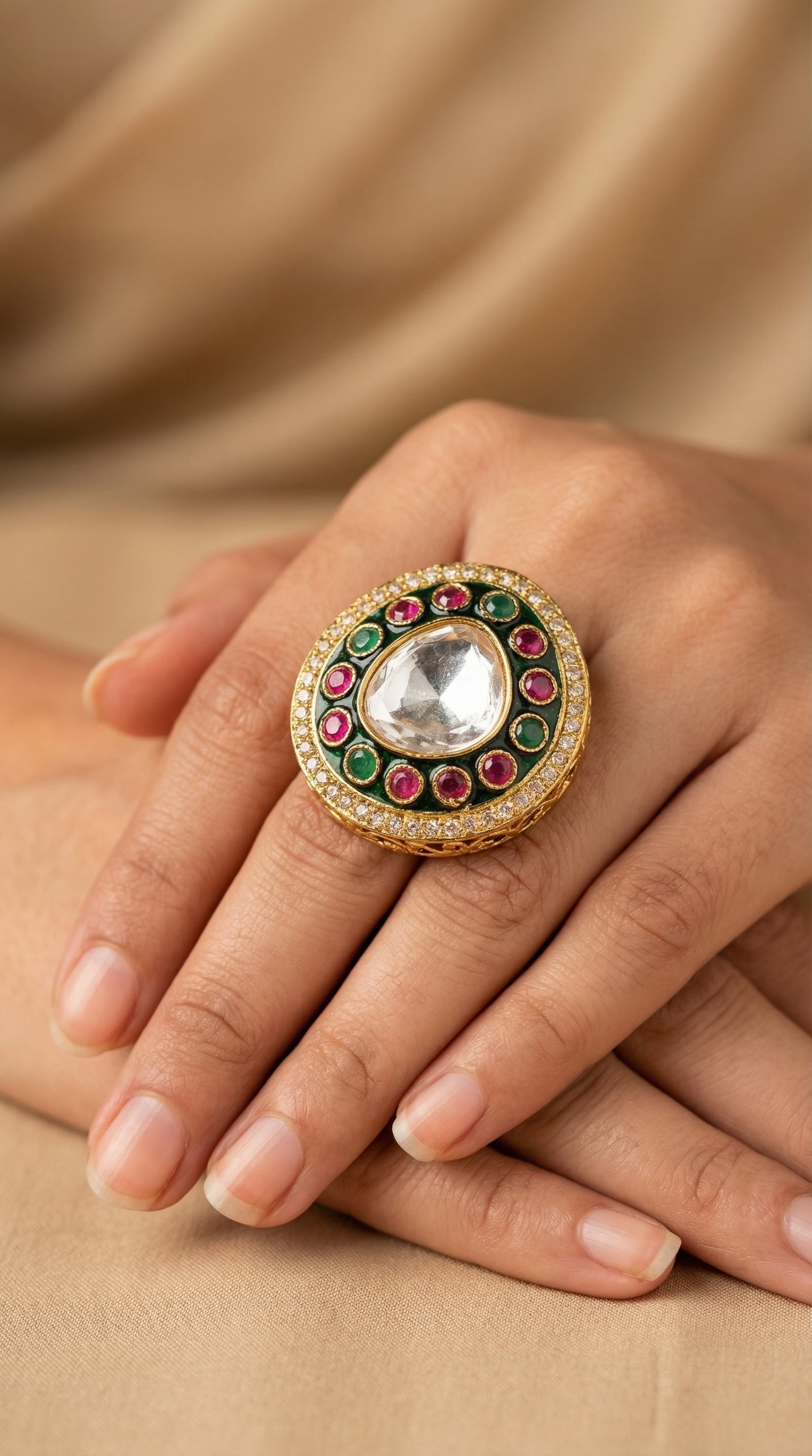 emerald ruby halo kundan statement ring