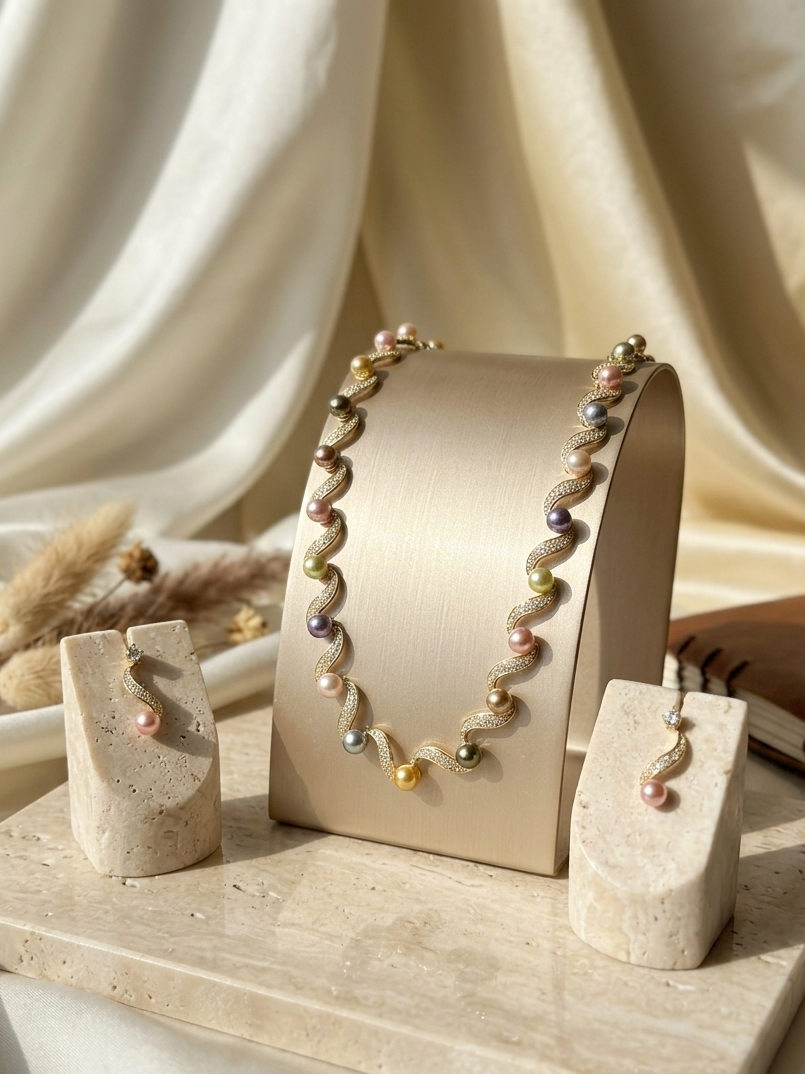 elegant pearl wave statement necklace set.