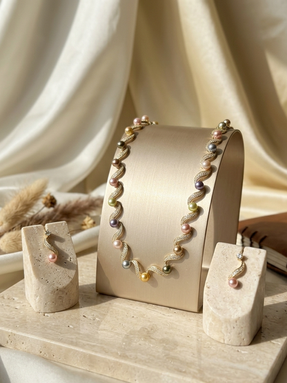 Elegant Pearl Wave Statement Necklace Set.