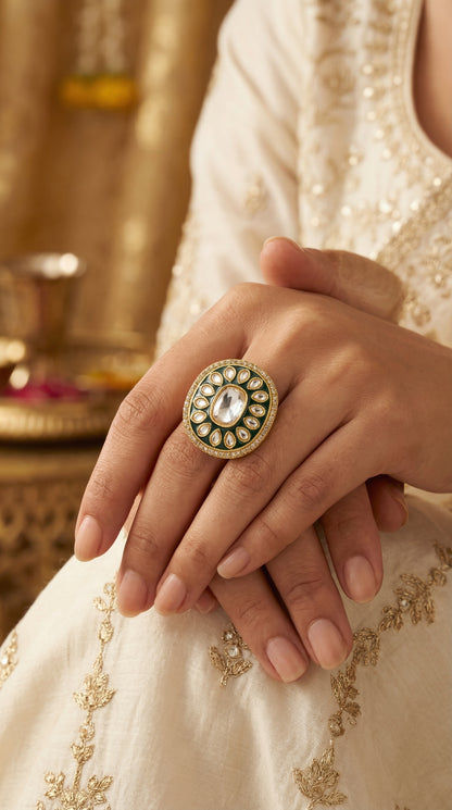 Noor Black Enamel Kundan Oval Statement Ring