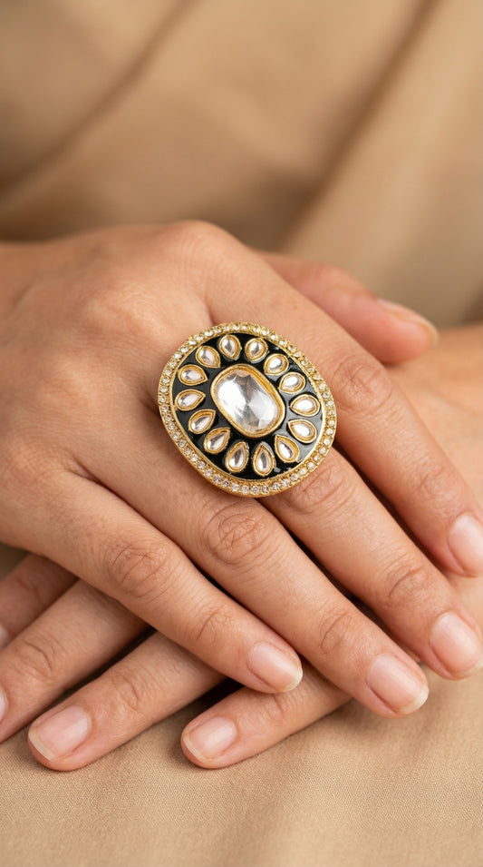Noor Black Enamel Kundan Oval Statement Ring