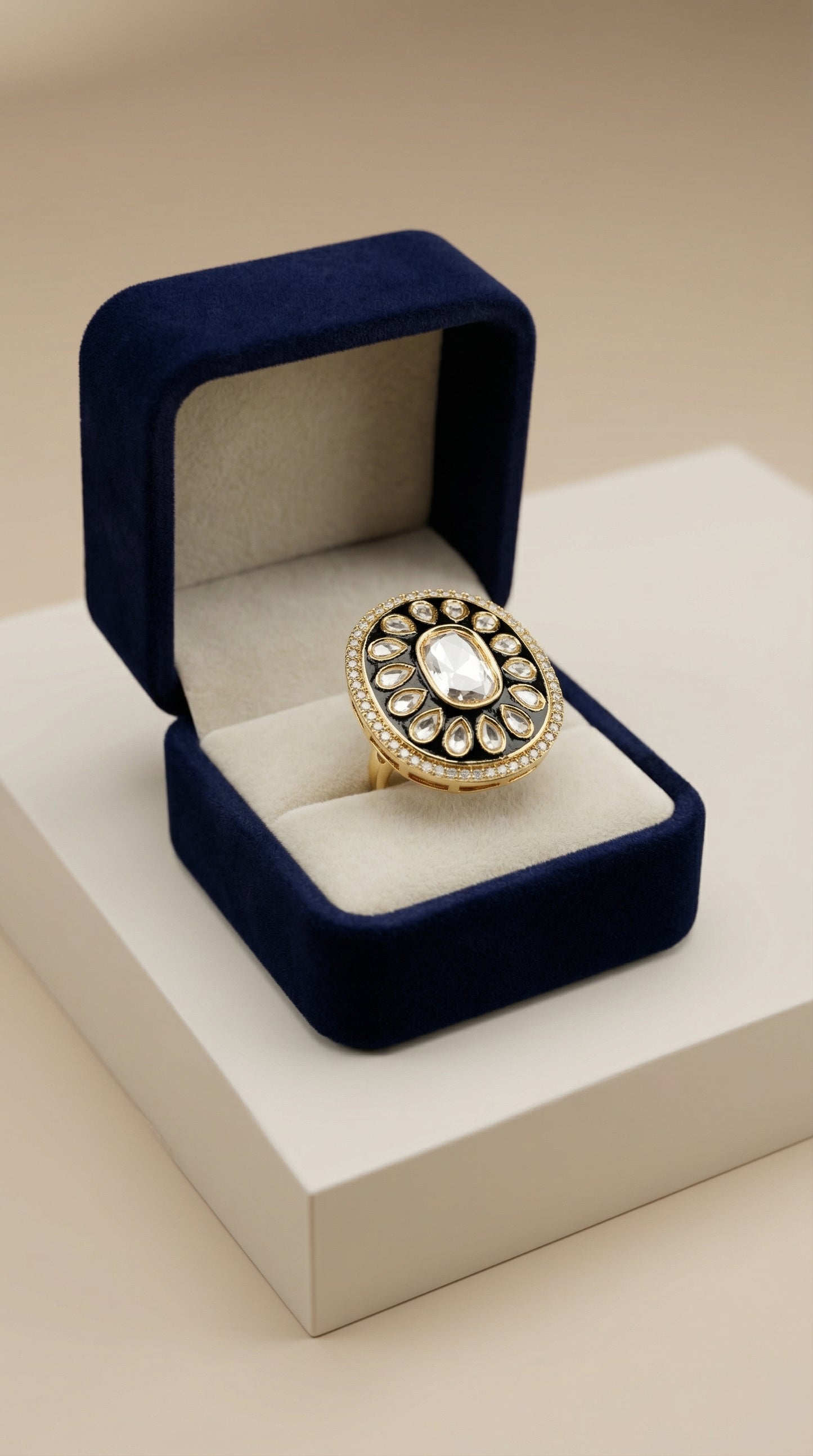 noor black enamel kundan oval statement ring