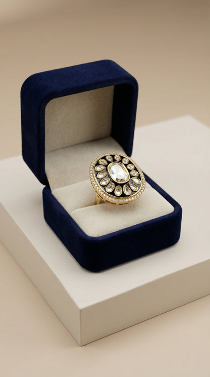 Noor Black Enamel Kundan Oval Statement Ring