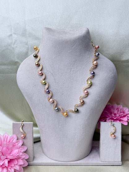 Elegant Pearl Wave Statement Necklace Set.