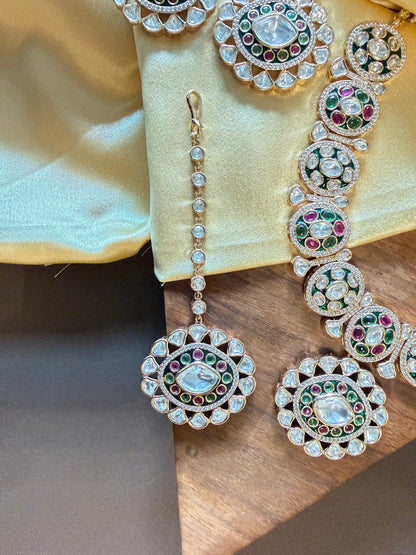 Royal Kundan Polki Necklace Set with Earrings & Maang Tikka – Green & Ruby Stone Bridal set
