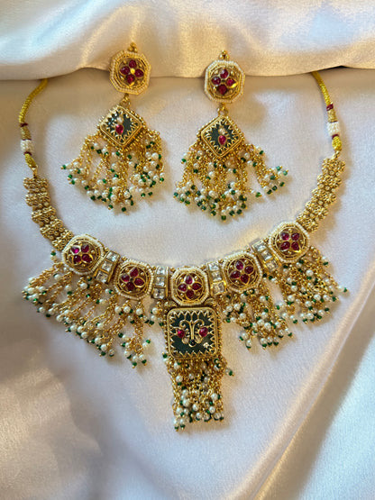 Royal Kundan Meenakari Pearl Tassel Choker Necklace Set with Statement Earrings