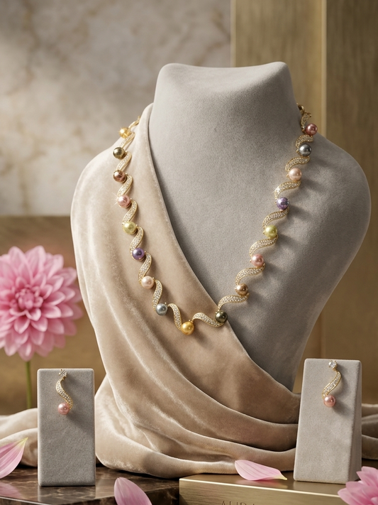 Elegant Pearl Wave Statement Necklace Set.